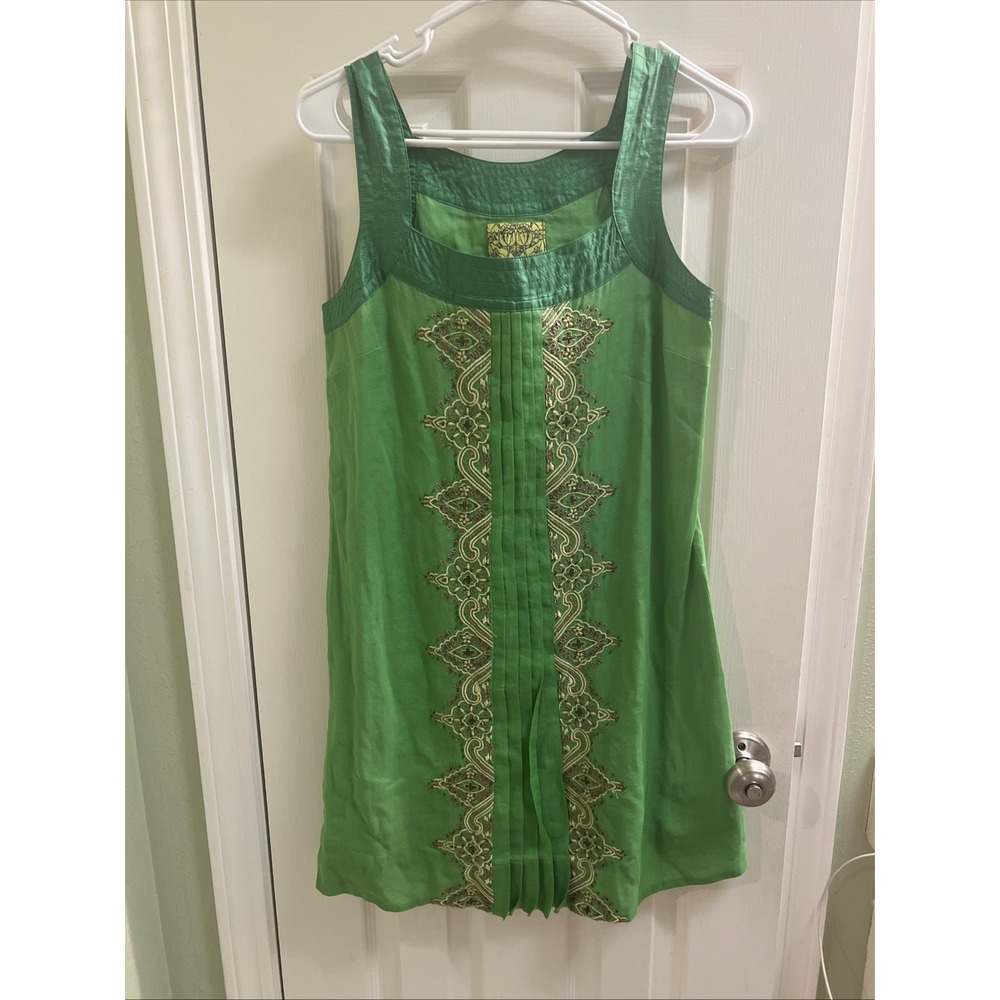 Floreat Anthropologie Dress Sz 2‎ Green Beaded Embroidery Tank Cotton Lined